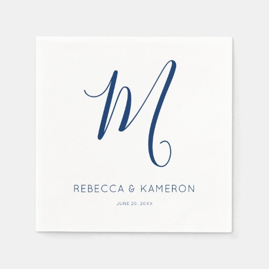 Serviette En Papier Mariage monogramme simple bleu et blanc marine (Devant)