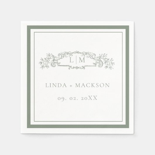 Serviette En Papier Mariage monogramme simple Sage Green de crête bota (Devant)