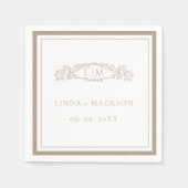 Serviette En Papier Mariage monogramme simple Taupe de crête botanique (Devant)