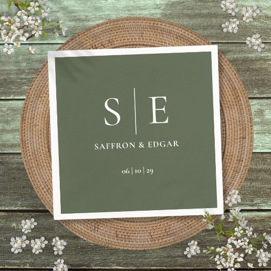 Serviette En Papier Mariage Monogramme Vert Olive