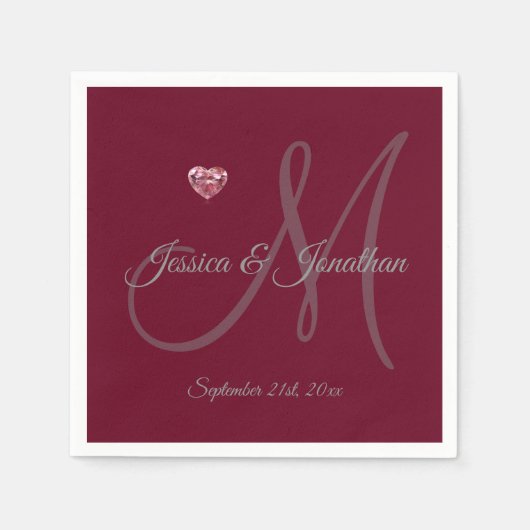 Serviette En Papier Mariage monographique personnalisé BURGUNDY Heart (Devant)