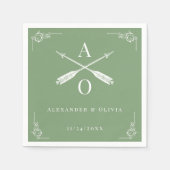 Serviette En Papier Mariage Moss Green Monogram et Flèches (Devant)