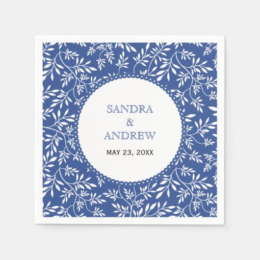 Serviette En Papier Mariage motif feuille bleu indigo moderne (Devant)