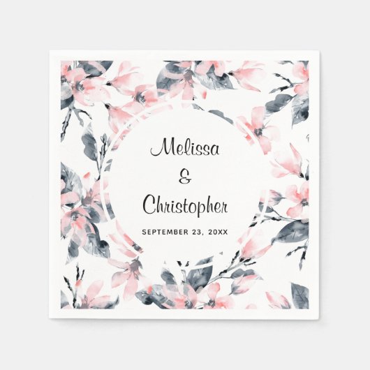 Serviette En Papier Mariage Motif rose et gris Floral (Devant)