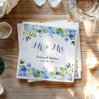 Serviette En Papier Mariage Mr & Mrs Floral Aquarelle Hortensia Bleu