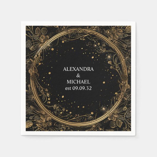 Serviette En Papier Mariage mystique céleste noir et or (Devant)