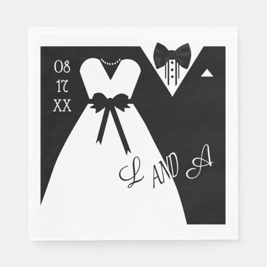 Serviette En Papier Mariage Napkin | Monogramme noir blanc mariée mari (Devant)