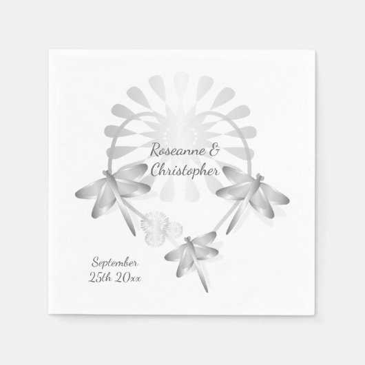 Serviette En Papier Mariage Napkins Dragonflies d'argent Coeur (Devant)