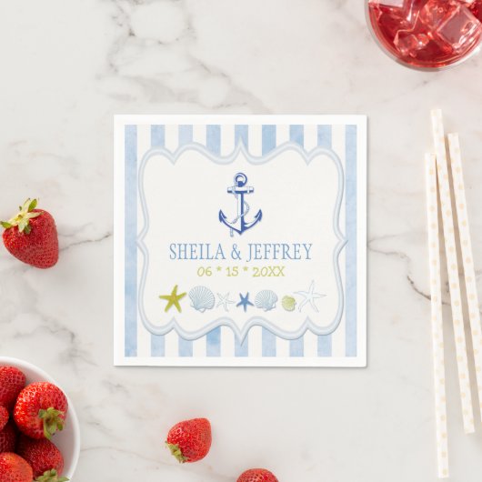 Serviette En Papier Mariage nautique à rayures bleues (En situation)