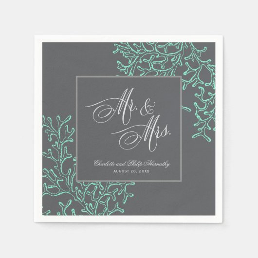 Serviette En Papier Mariage nautique côtier vert et gris (Devant)