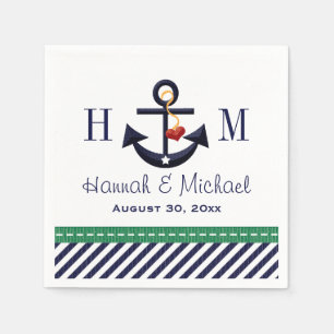 Serviette En Papier Mariage nautique Monogrammed Green et Ancre marine