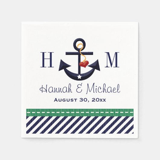 Serviette En Papier Mariage nautique Monogrammed Green et Ancre marine (Devant)
