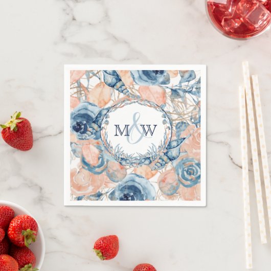 Serviette En Papier Mariage nautique Plage Coquillages Fleurs  (En situation)