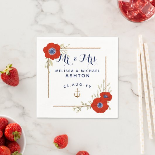 Serviette En Papier Mariage Nautique ⚓ Rouge Blanc & Bleu Anémonique D (En situation)