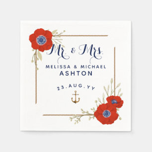 Serviette En Papier Mariage Nautique ⚓ Rouge Blanc & Bleu Anémonique D