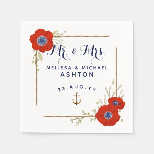 Serviette En Papier Mariage Nautique ⚓ Rouge Blanc & Bleu Anémonique D (Devant)