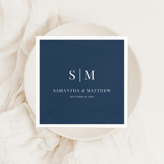 Serviette En Papier Mariage Navy Blue Simple Elegant Couple Initiales