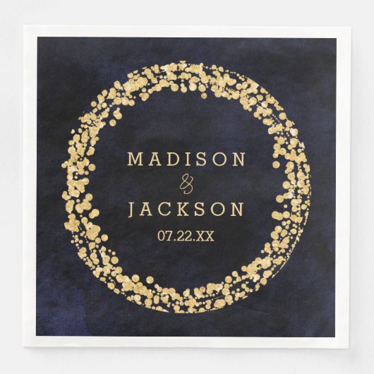 Serviette En Papier Mariage Navy Blue Watercolor & Gold Confetti (Devant)