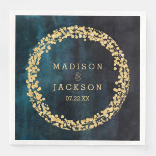 Serviette En Papier Mariage Navy Blue Watercolor & Gold Confetti