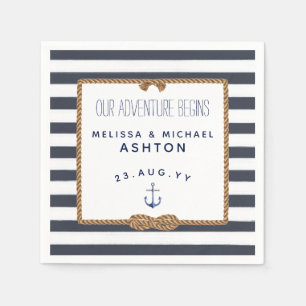 Serviette En Papier Mariage Nœud Naud Marin Rayures Bleu Marine & Blan
