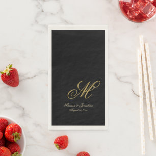 Serviette En Papier Mariage Noir Écriture Monogramme Or Chic