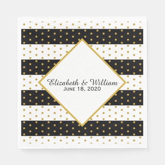 Serviette En Papier Mariage noir et or personnalisé (Devant)