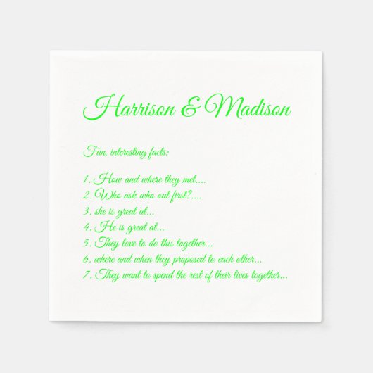 Serviette En Papier Mariage Noms de script Couple Fun Faits néon vert (Devant)