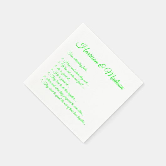 Serviette En Papier Mariage Noms de script Couple Fun Faits néon vert (Coin)