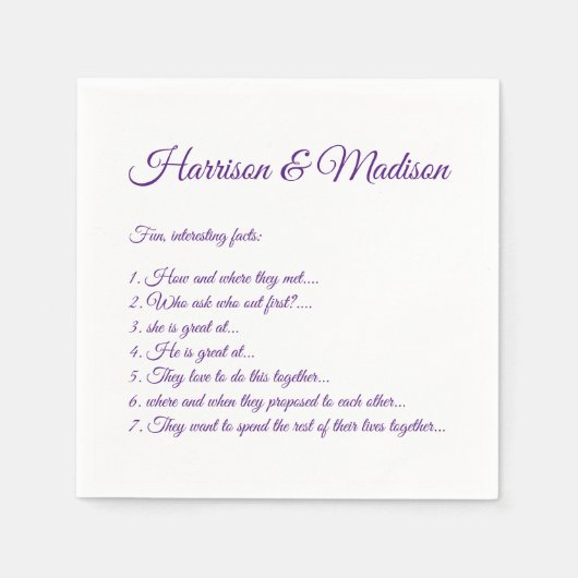 Serviette En Papier Mariage Noms de script Couple Fun Faits papier vio (Devant)