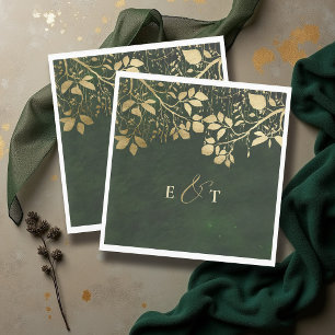 Serviette En Papier Mariage Or Feuillage de la Forêt Enchantée Vert Ch