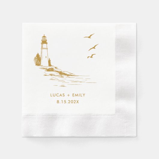 Serviette En Papier Mariage Or Nautical Seaside Lighthouse (Devant)