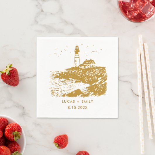 Serviette En Papier Mariage Or Nautical Seaside Lighthouse (En situation)