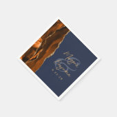 Serviette En Papier Mariage Orange Brûlé Agate Or Script Bleu Nuit (Coin)