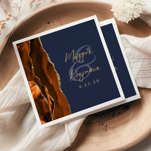 Serviette En Papier Mariage Orange Brûlé Agate Or Script Bleu Nuit