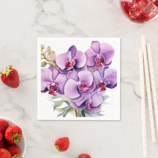 Serviette En Papier Mariage Orchidées violettes et blanches (En situation)