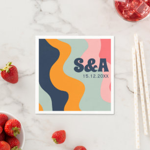 Serviette En Papier Mariage Pastel Rose Bleu Orange Rétro Groovy