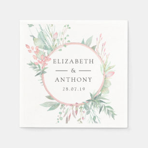 Serviette En Papier Mariage Pastel Rose et Verdure
