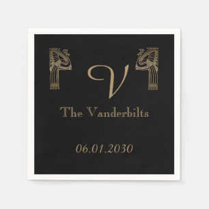 Serviette En Papier Mariage Peacock Art déco d'or noir