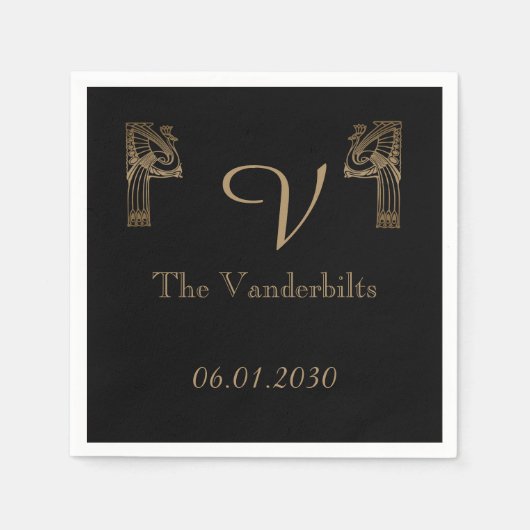 Serviette En Papier Mariage Peacock Art déco d'or noir (Devant)