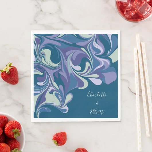 Serviette En Papier Mariage personnalisé Abstrait bleu violet marbre é (En situation)