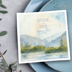 Serviette En Papier Mariage Personnalisé Aquarelle Lac de Montagne