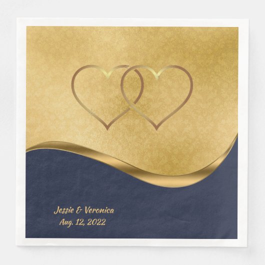 Serviette En Papier Mariage personnalisé bleu marine et or (Devant)