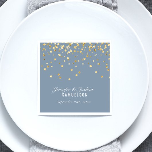 Serviette En Papier Mariage personnalisé Dusty BLUE Gold Confetti