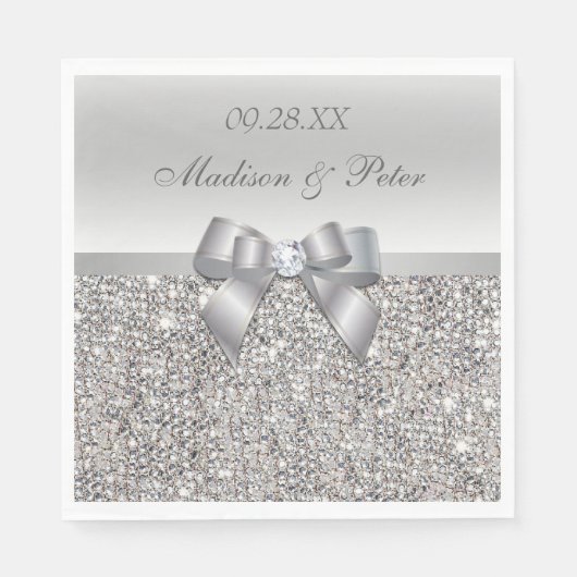 Serviette En Papier Mariage personnalisé Faux Silver Sequins Bow (Devant)