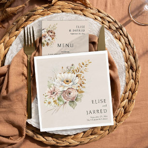 Serviette En Papier Mariage Personnalisé Floral Rustique Brun Neutre