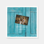 Serviette En Papier Mariage photo en bois bleu rustique (Devant)