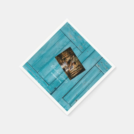Serviette En Papier Mariage photo en bois bleu rustique (Coin)