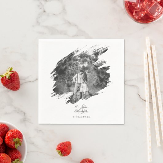 Serviette En Papier Mariage photo moderne Brushstroke | BLANCHE (En situation)