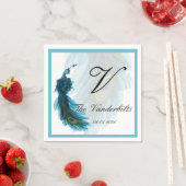 Serviette En Papier Mariage Plume Peacock bleu turquoise (En situation)