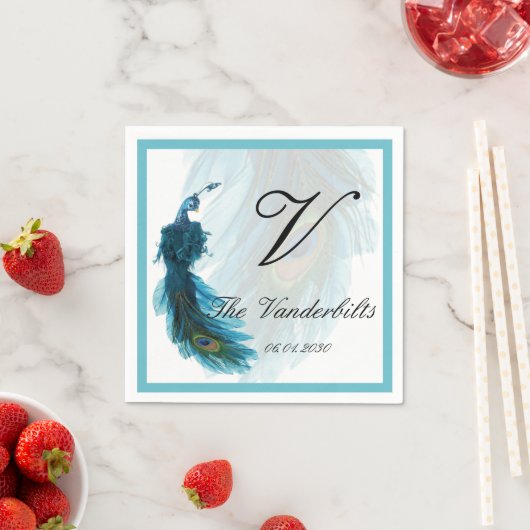 Serviette En Papier Mariage Plume Peacock bleu turquoise (En situation)